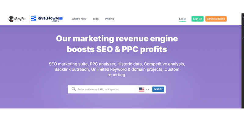 SpyFu SEO reporting tool homepage