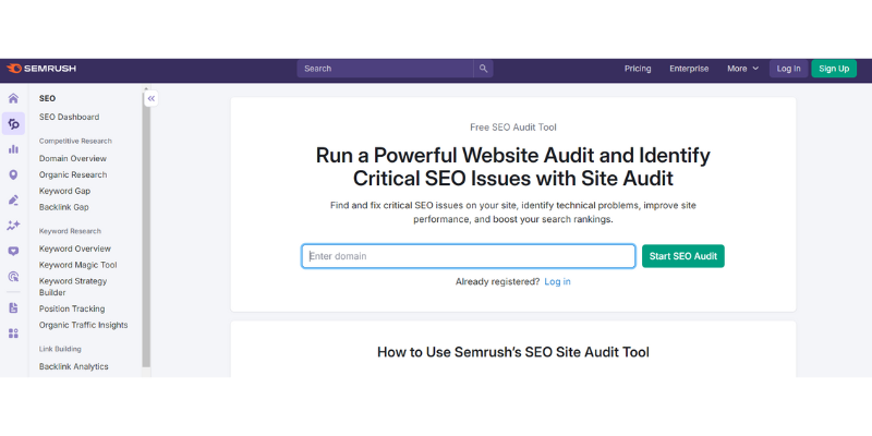 SEMrush SEO reporting tool homepage