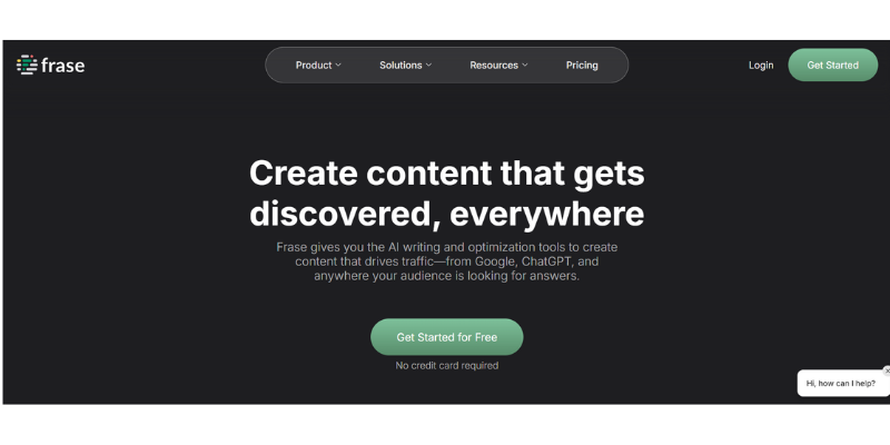 Frase homepage, an AI tool for content creation and SEO optimization, highlighting features like traffic generation from Google and ChatGPT.