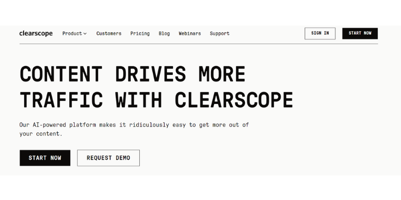 Clearscope homepage showcasing AI-powered platform for enhancing SEO through optimized content, designed to increase website traffic