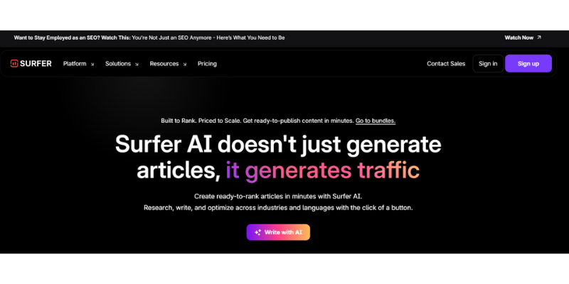 Surfer AI homepage, offering AI-driven tools to generate SEO-friendly articles, optimize content, and drive more website traffic.