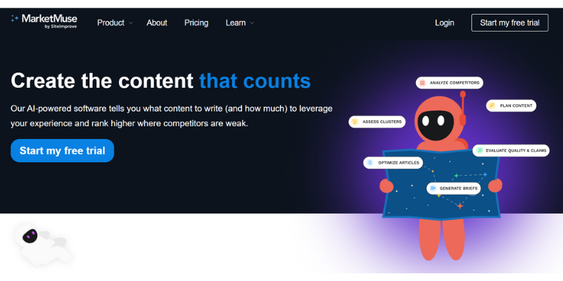 arketMuse homepage, an AI-powered content creation platform designed to optimize articles and improve SEO ranking through data-driven insights.