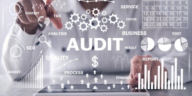 Close-up of a person performing an audit with graphs, charts, and keywords like 'SEO,' 'BUSINESS,' and 'PROCESS' displayed on a tablet.