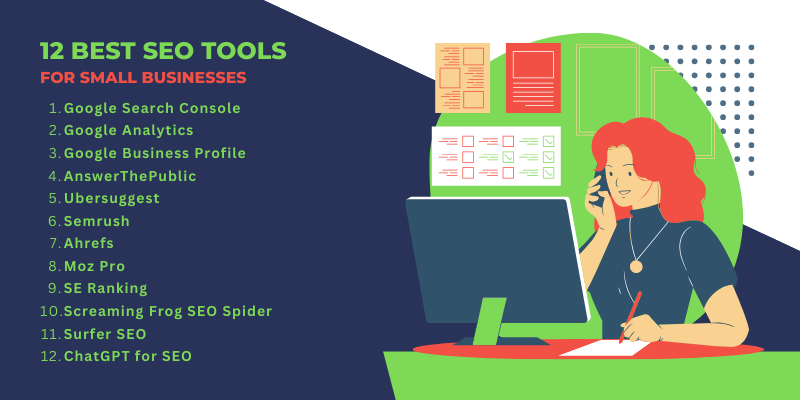 Illustrated infographic listing 12 best SEO tools for small businesses