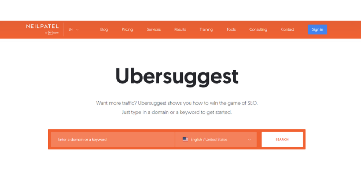 Ubersuggest homepage by Neil Patel offering keyword and domain research tools