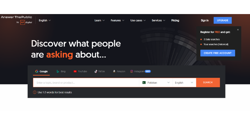 AnswerThePublic homepage with a search bar to discover questions people ask online