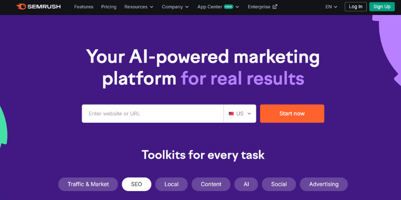 Semrush homepage advertising AI-powered marketing platform