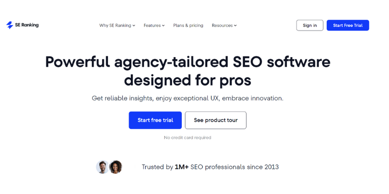 Homepage of SE Ranking highlighting its agency-tailored SEO software