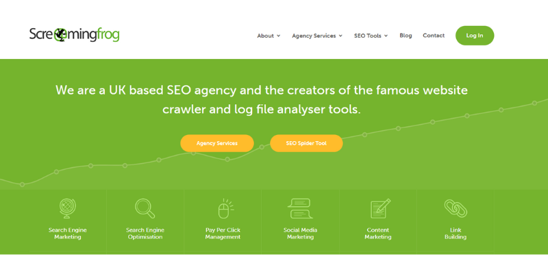 Screaming Frog SEO agency website showcasing their SEO spider tool and agency services