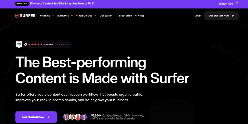 Surfer SEO homepage for boosting visibility on Google and AI platforms