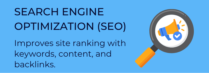 raphic illustrating search engine optimization (SEO) with a magnifying glass and loudspeaker icon, emphasizing keywords, content, and backlinks