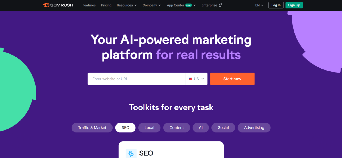 SEMrush homepage showcasing an AI-powered marketing platform
