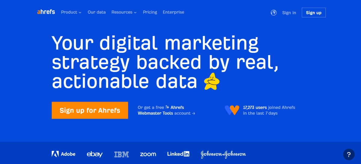 Ahrefs homepage promoting its SEO tools