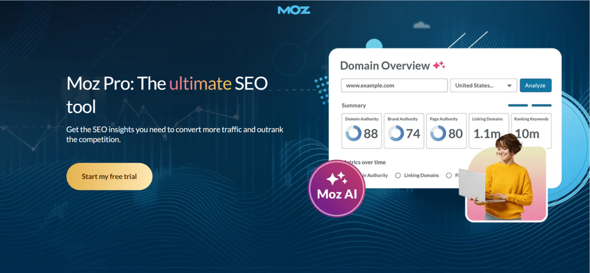 Moz Pro homepage highlighting its SEO insights and tools