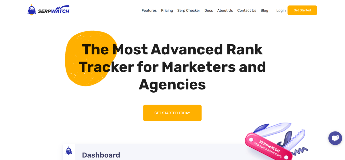 SERPWatcher homepage with a focus on advanced rank tracking for marketers and agencies