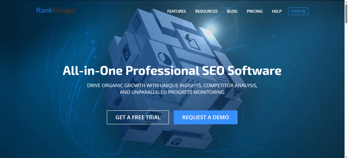 Rank Ranger homepage showcasing all-in-one SEO software with insights, competitor analysis, and progress monitoring
