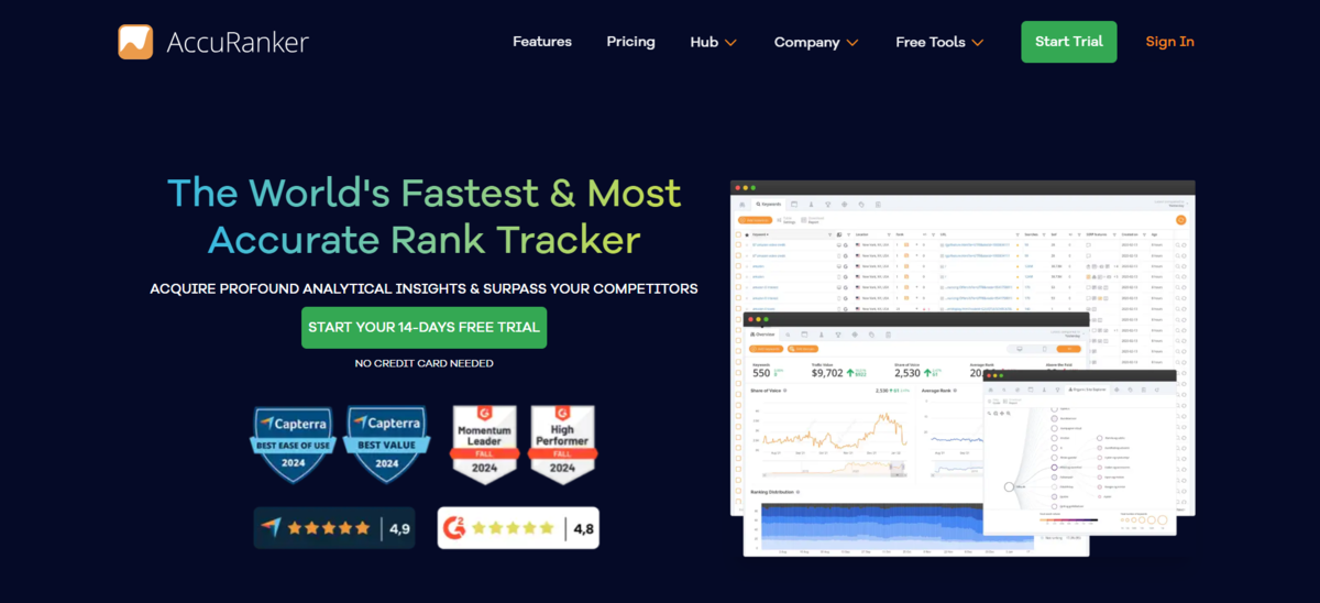 AccuRanker homepage promoting its fast and accurate rank tracker for SEO analysis