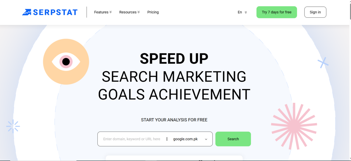 Serpstat homepage offering tools to speed up search marketing goals with SEO analysis and performance tracking