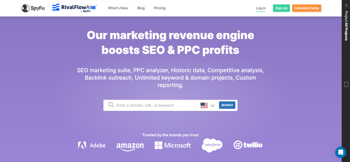 SpyFu homepage featuring SEO and PPC tools for boosting marketing revenue and competitive analysis
