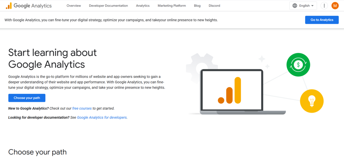 Google Analytics learning page with options to choose learning path