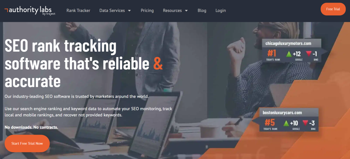 SEO rank tracking software homepage with ranking statistics