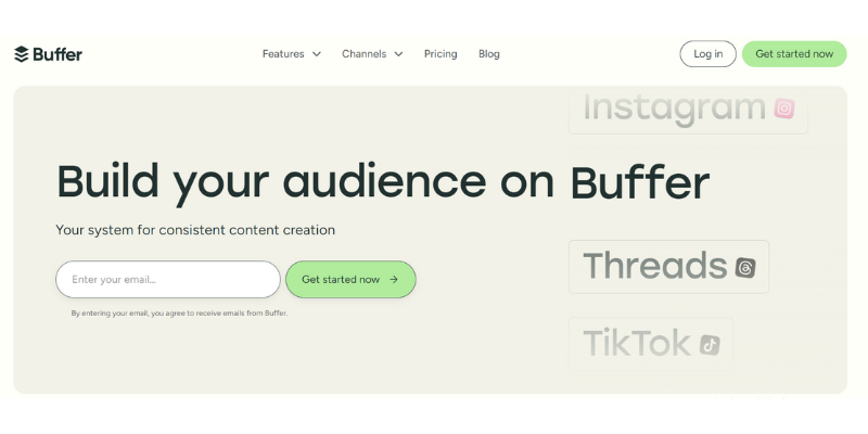 Buffer homepage offering content creation tools for social media management