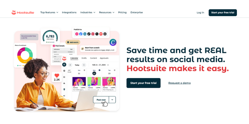 Hootsuite homepage promoting social media management with detailed analytics