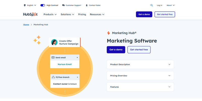 HubSpot Marketing Hub page for email campaign and marketing automation