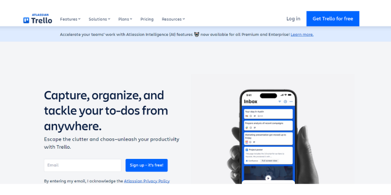 Trello homepage with project management tools for organizing tasks and to-dos