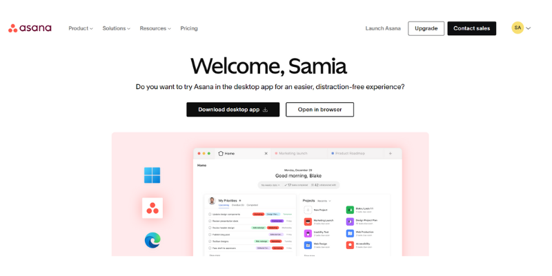 Asana homepage for project management and team collaboration tools