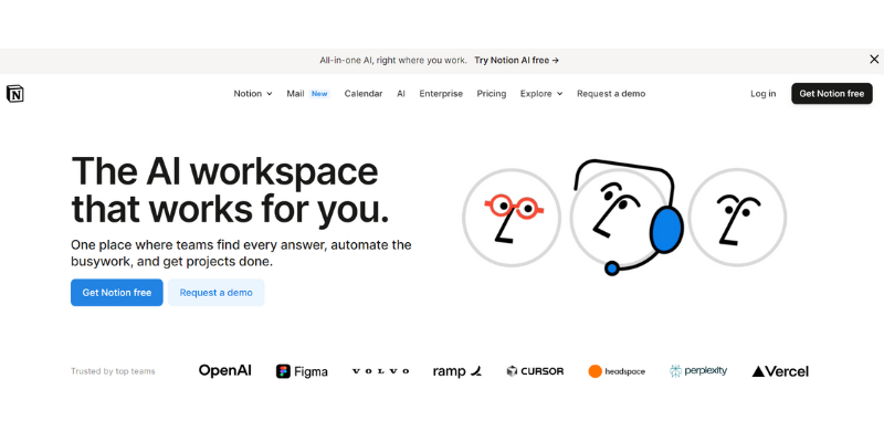 Notion homepage promoting AI-powered workspace tools for teams