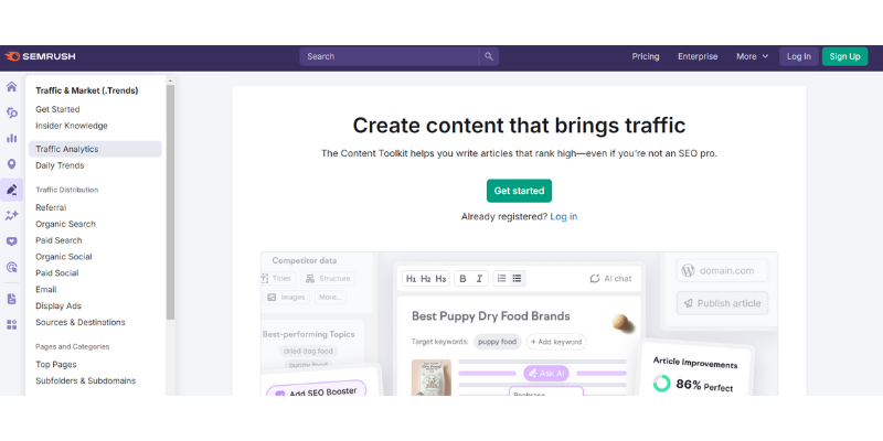Semrush Traffic Analytics tool showing content creation for SEO