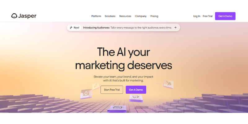 Jasper homepage promoting AI for marketing with free trial options