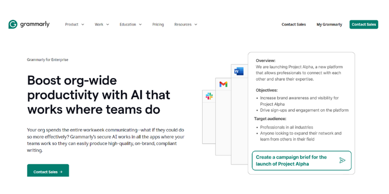 Grammarly for Enterprise page offering AI-based productivity solutions for teams