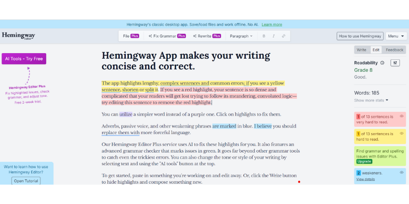 emingway Editor tool highlighting sentence complexity and readability improvements