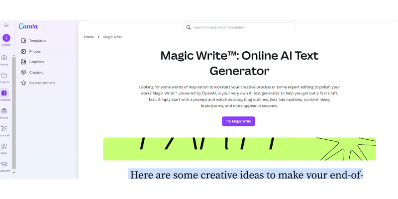 Canva Magic Write tool for generating AI-powered text for creative content