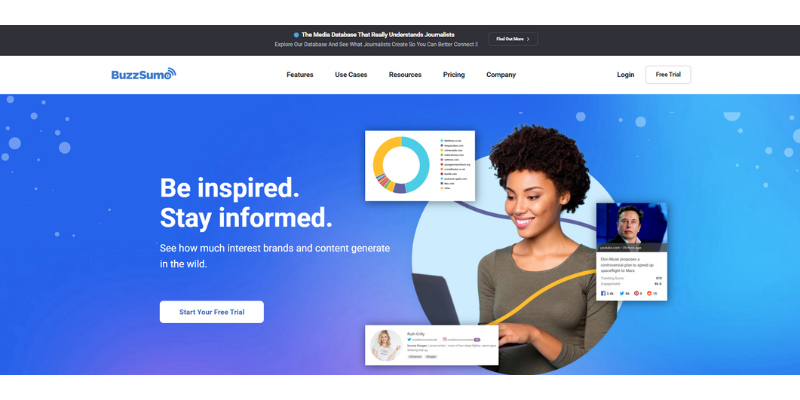 BuzzSumo homepage featuring content inspiration and brand insights with visual elements