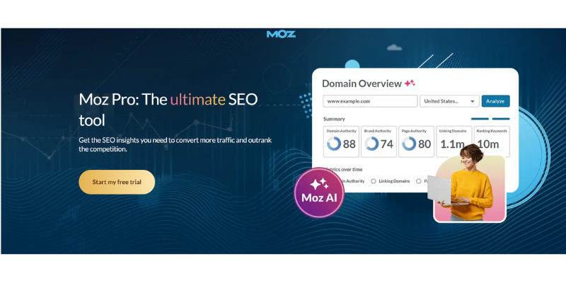 Moz Pro homepage showcasing domain overview and SEO insights.