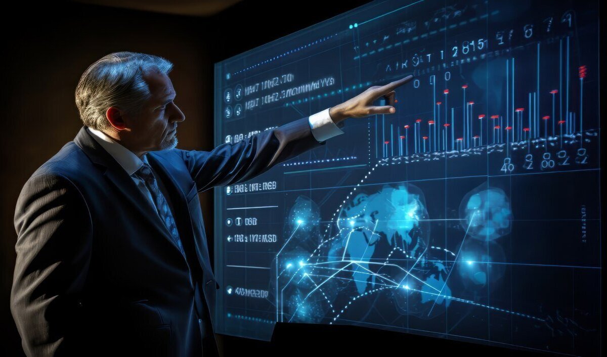 businessman analyzing predictive SEO data on a digital screen with graphs and analytics