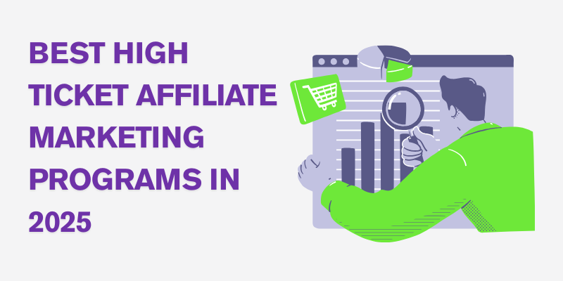 An illustration showing a person analyzing graphs and data related to high-ticket affiliate marketing with shopping cart icons and magnifying glass.