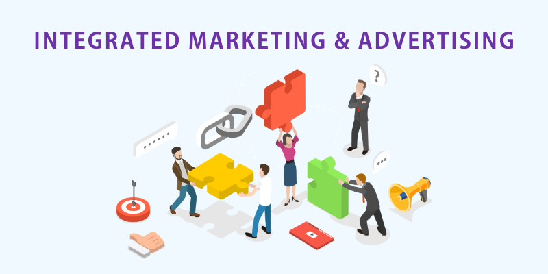 Infographic showing integrated marketing and advertising with collaboration and puzzle piece icons representing strategy elements