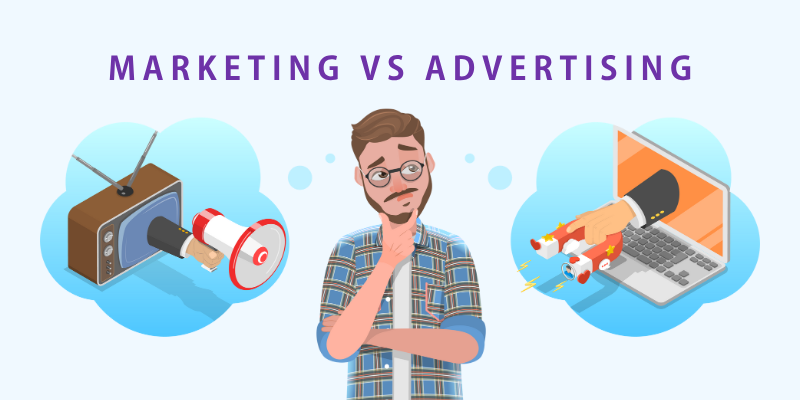 Infographic showing the difference between marketing and advertising