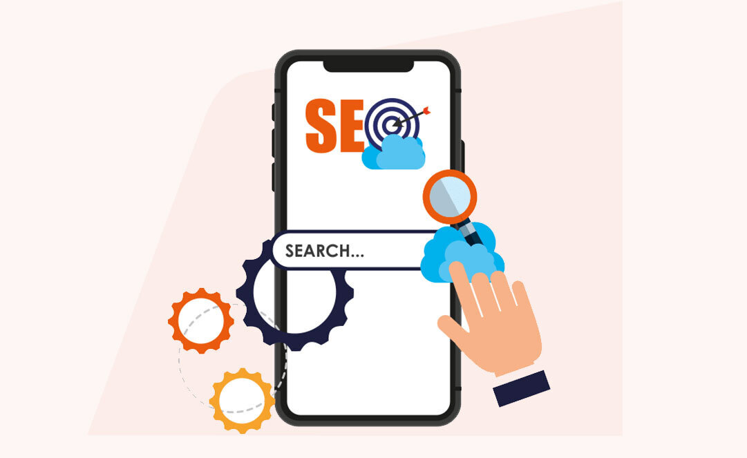 Mobile phone displaying SEO search with gears and magnifying glass illustrating search engine optimization process