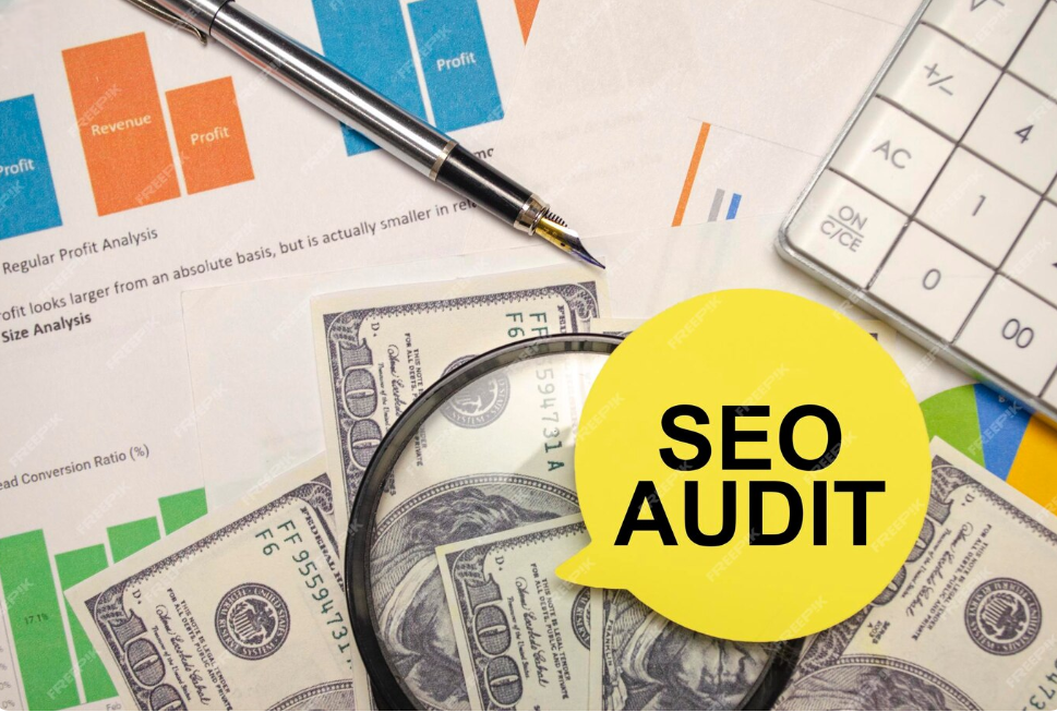 EO audit concept with financial documents, dollar bills, and a calculator alongside graphs, highlighting the importance of SEO in business profitability