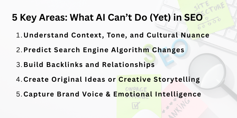 What AI Can’t Do (Yet) in SEO" highlighting limitations