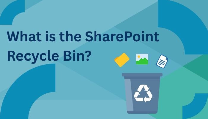 Illustration explaining what the SharePoint Recycle Bin is, showing the SharePoint logo and icons for files, images, and documents.